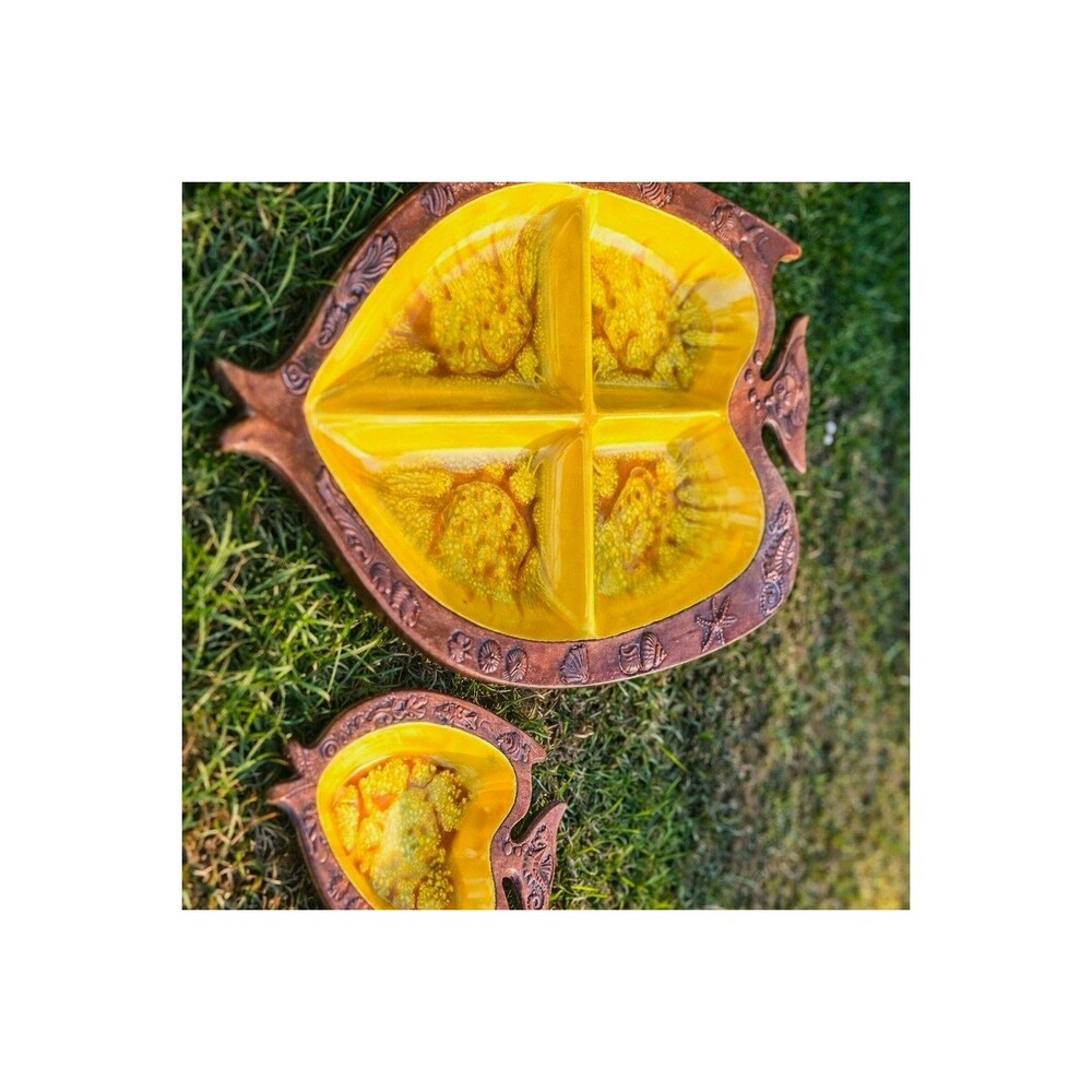 VTG 1970's  2 Pc Treasure Craft Yellow Ceramic Divided Leaf Fish Serving tray